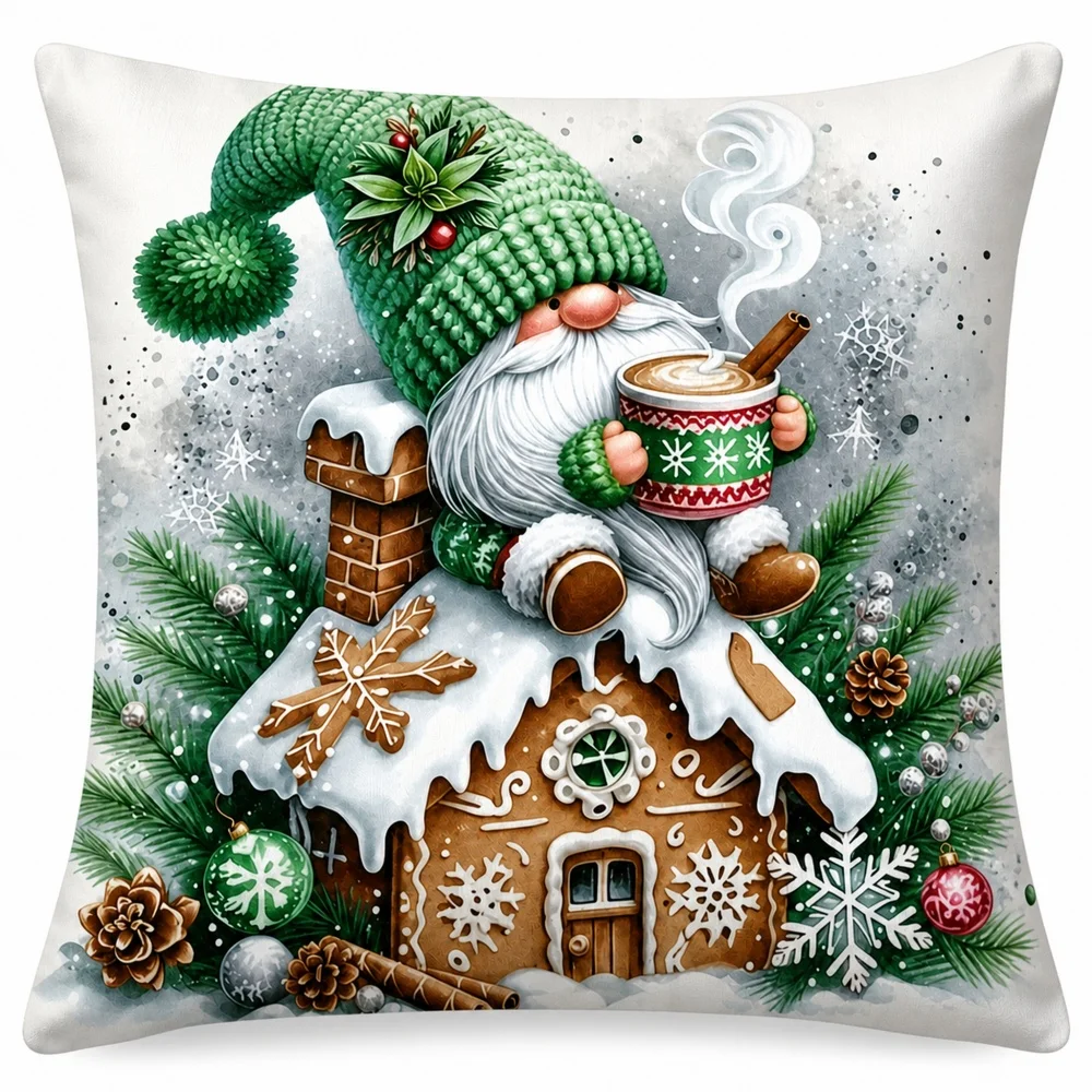 Winter Christmas Hat Santa Gingerbread House Pattern Pillow Cover/Pillow Core 45X45cm Christmas Guest Bedroom Headboard Matching