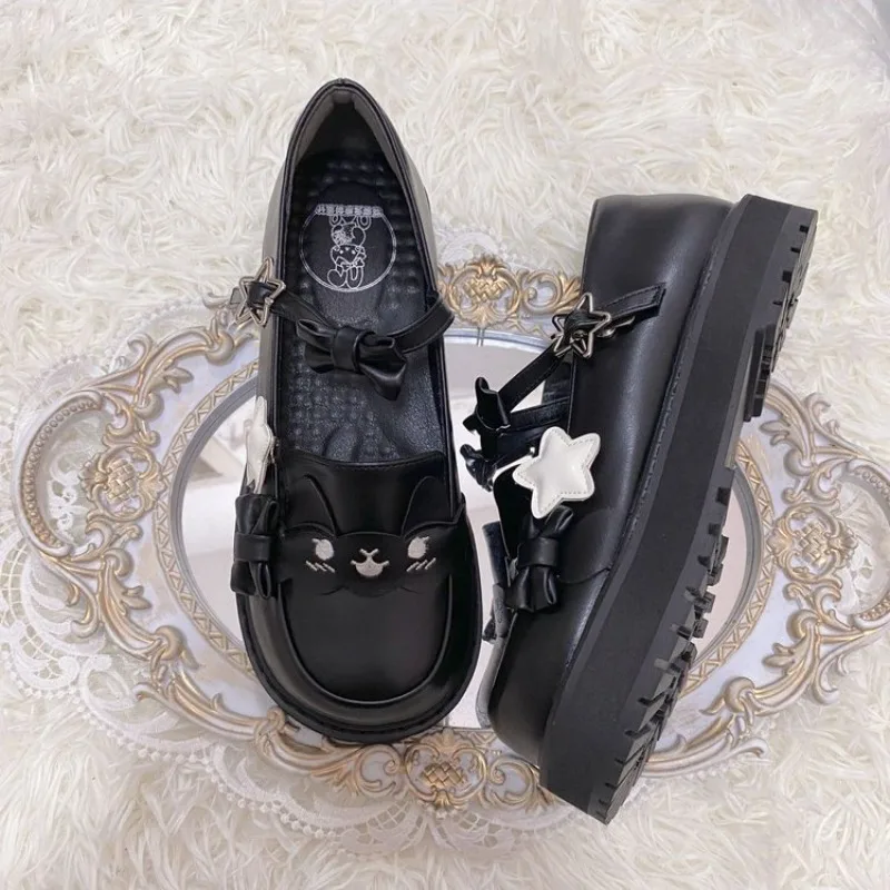Kawaii Lolita Platform Loafers Women Round Toe Thick Sole Cute Rabbit Star Brown Bow Strap Mary Jane Daily Cosplay School Shoes