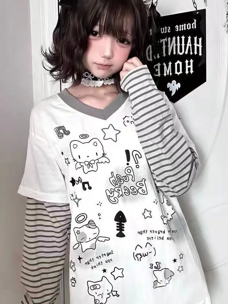 Y2K Japanese Style Graffiti Long Sleeve T-Shirt Women's Spring Autumn New Waste Land Style Student Fake Two-Piece Top