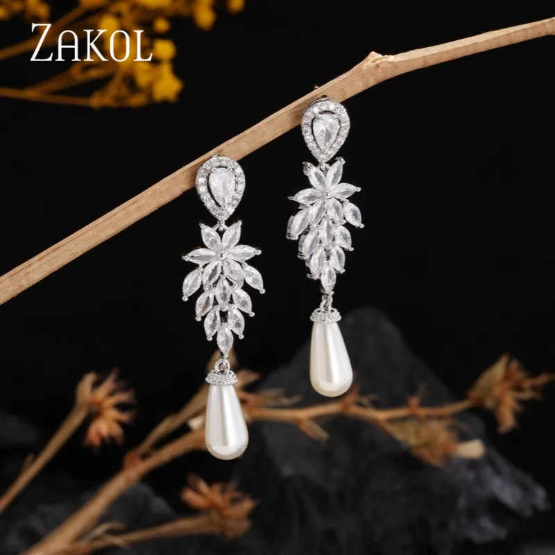 ZAKOL Luxury Bridal Dangle Earrings for Women Fashion Zircon Leaf Wedding Party Jewelry