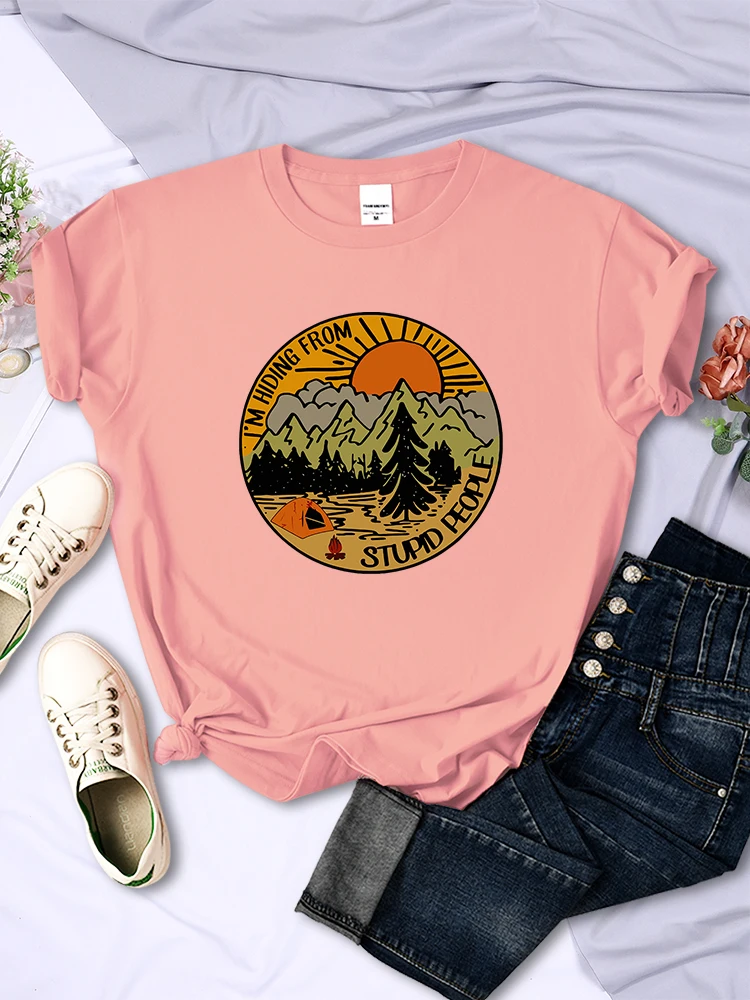 I'M Hiding From Stupid People Camping Scenery Women Tops Trend Hip Hop Street T-Shirt Casual Soft Breathable Womans Short Sleeve