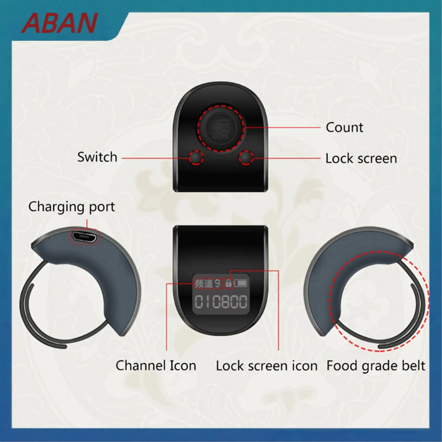 ABAN 3X Mini Digital LCD Anillo de Dedo Electrónico Contador de Cuentas de Mano Contadores Recargables de 6 Dígitos Clicker-Negro