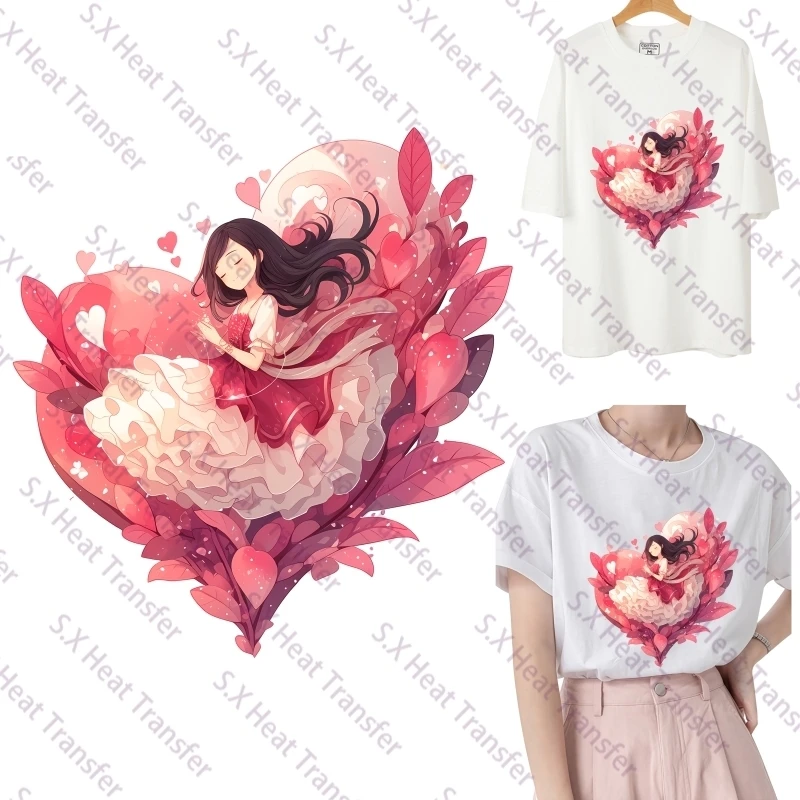 25cm Fashion Floral Print T-shirt for Women Pink Love Shaped Girl Summer Casual Round-neck Short-sleeved T-shirt Clothes