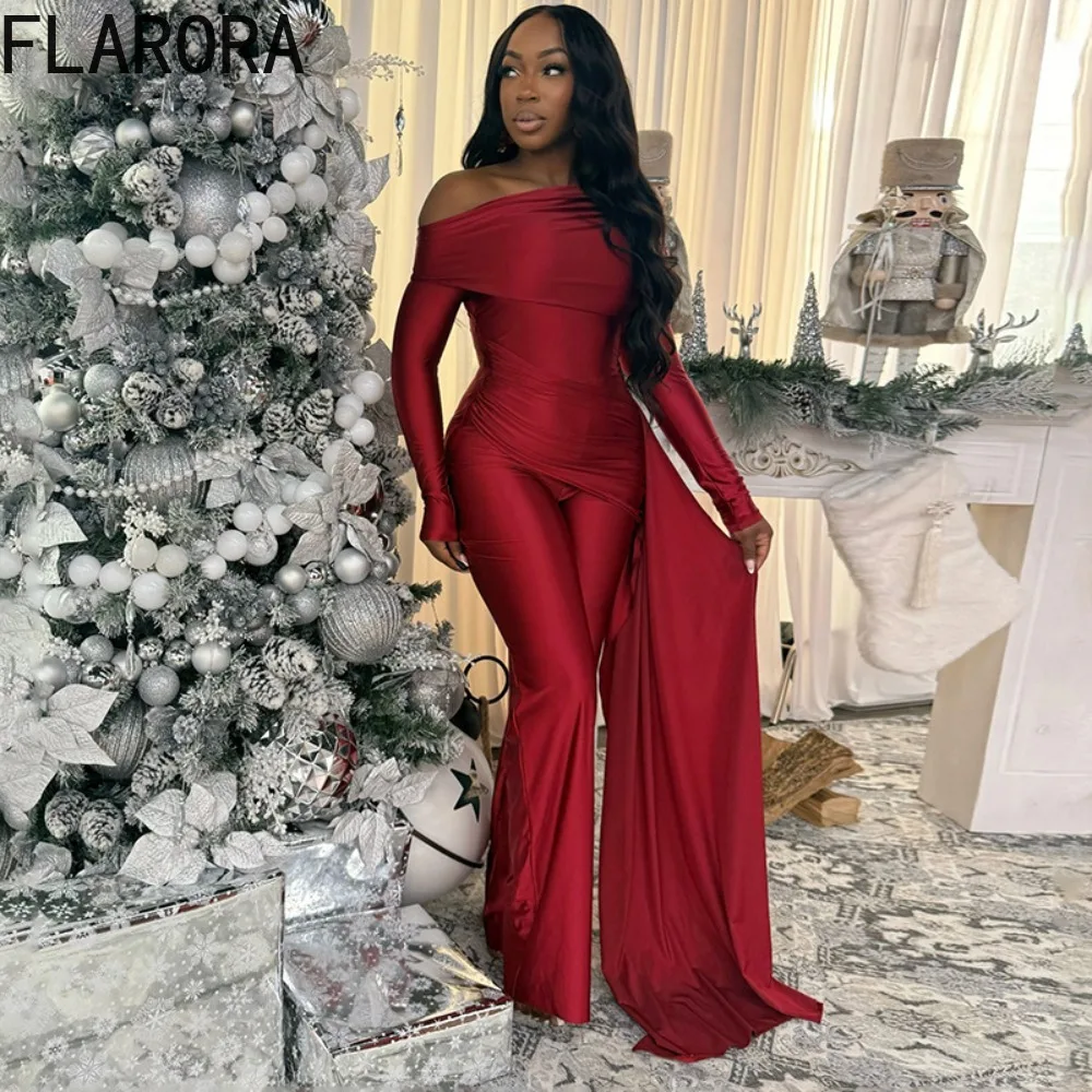 จั๊มพ์สูท FLARORA ดีไซน์หรูหรา แต่งผ้าริบบิ้น ตัดเย็บแบบแพทช์เวิร์ค สำหรับผู้หญิง สไตล์เก๋ไก๋ ไหล่เฉียง จับจีบ กระชับรูปร่าง เหมาะสำหรับงานเลี้ยง ออกงาน หรือกิจกรรมต่างๆ