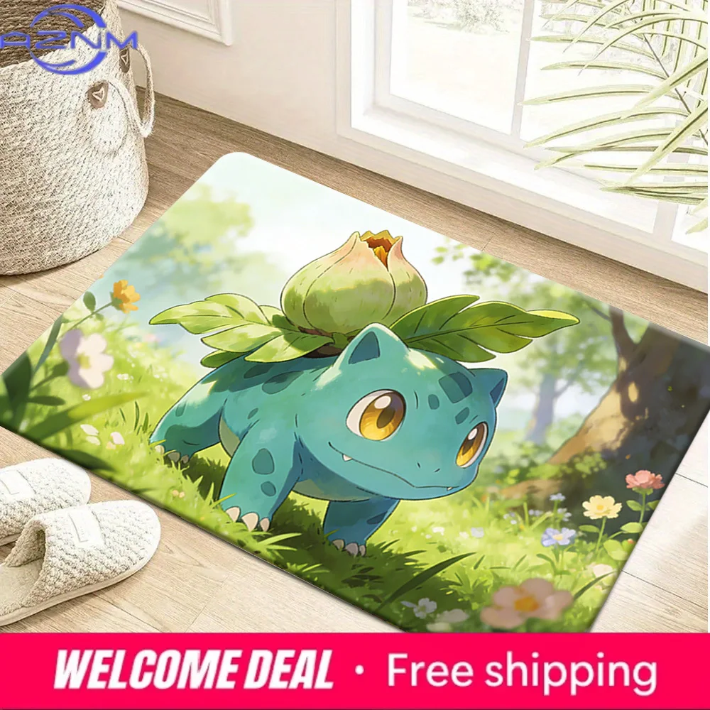 Cute Ivysaur with Bud in Sunlit Flower Meadow Print Non-slip Doormat, Soft Absorbent Floor Rug for Home Decor