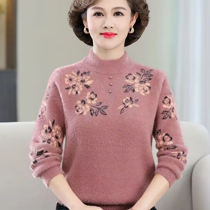 Women Autumn Winter Elegant Loose Embroidered Mock Neck Long Sleeve Fleece Knitwear Ladies All-match Knitting Bottoming Shirt