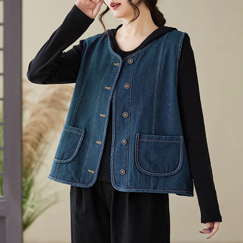

Retro Color Denim Vest Women's Autumn Open Cardigan Layering Casual Commute round Ne Vest Small Jaet