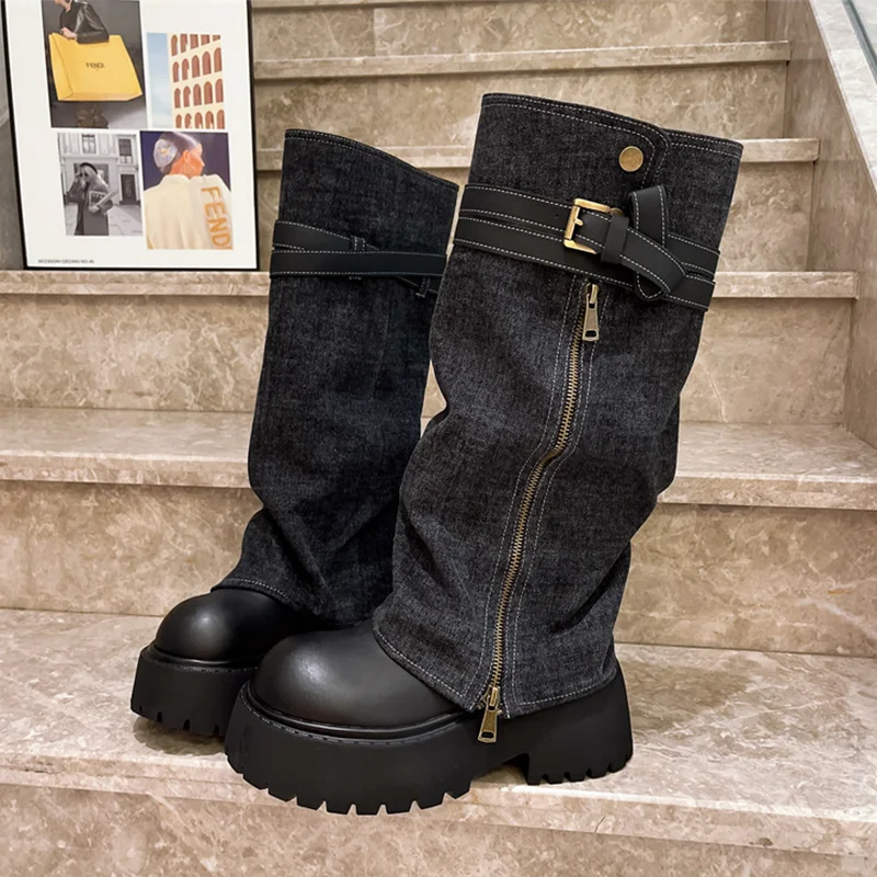 

Long Cowboy Boots for Women's Flats Platform Designer Zippers Shoes 2025 Winter Knee High Boots New Trend Motorcycle Mujer Botas