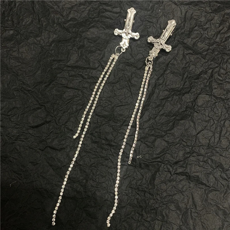 Goth Fashion Rhinestone Skull Cross Tassel Hairpin for Women Punk Dark Sweet Cool Y2k Hair Clip Vintage Trend Hair Accessories