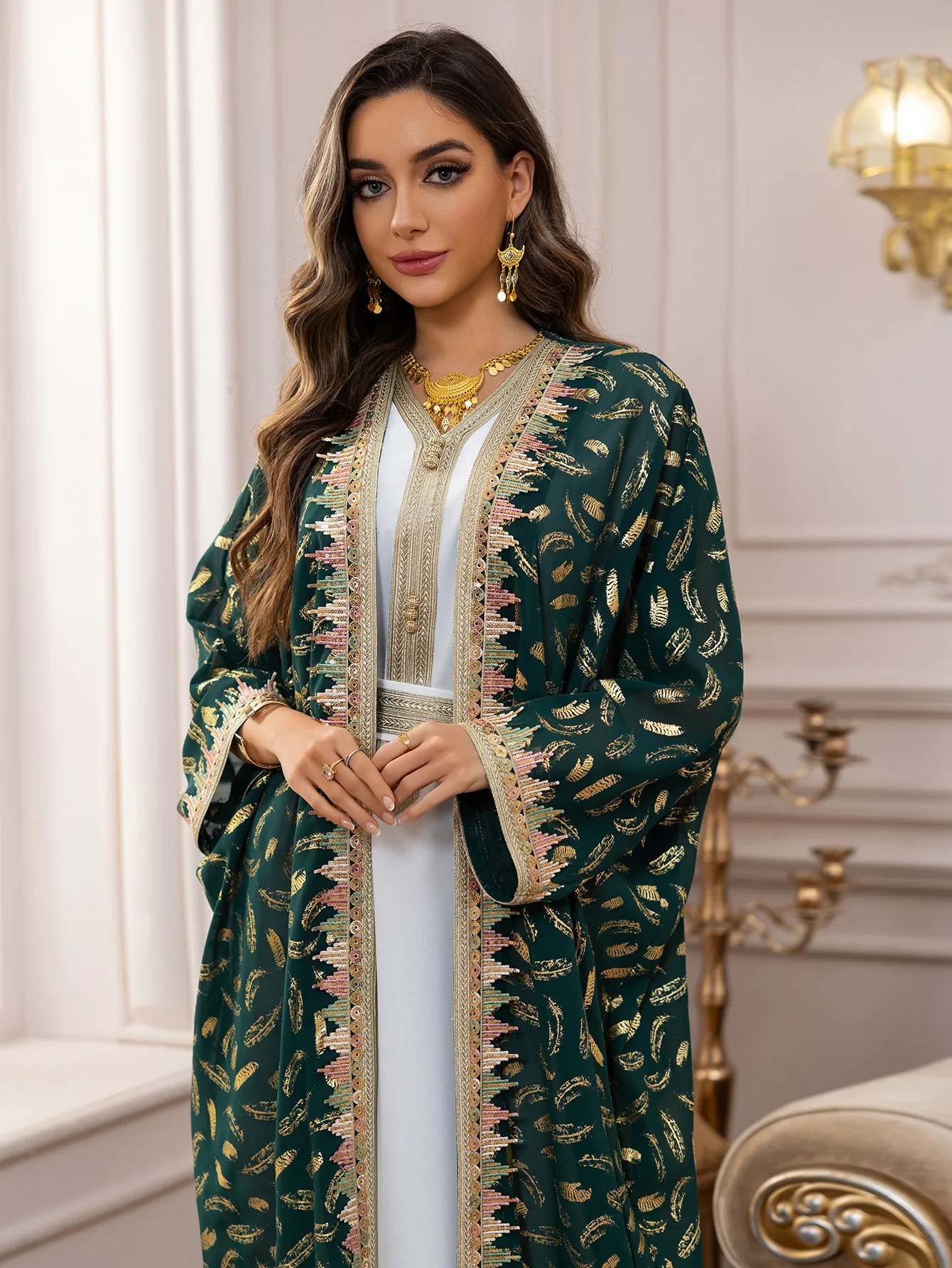 Ramadan Eid Evening Party Events Moroccan Women Chiffon Kaftan Dress Set- V-Neck Sleeveless Dress, Foil Print Butterfly Kaftan