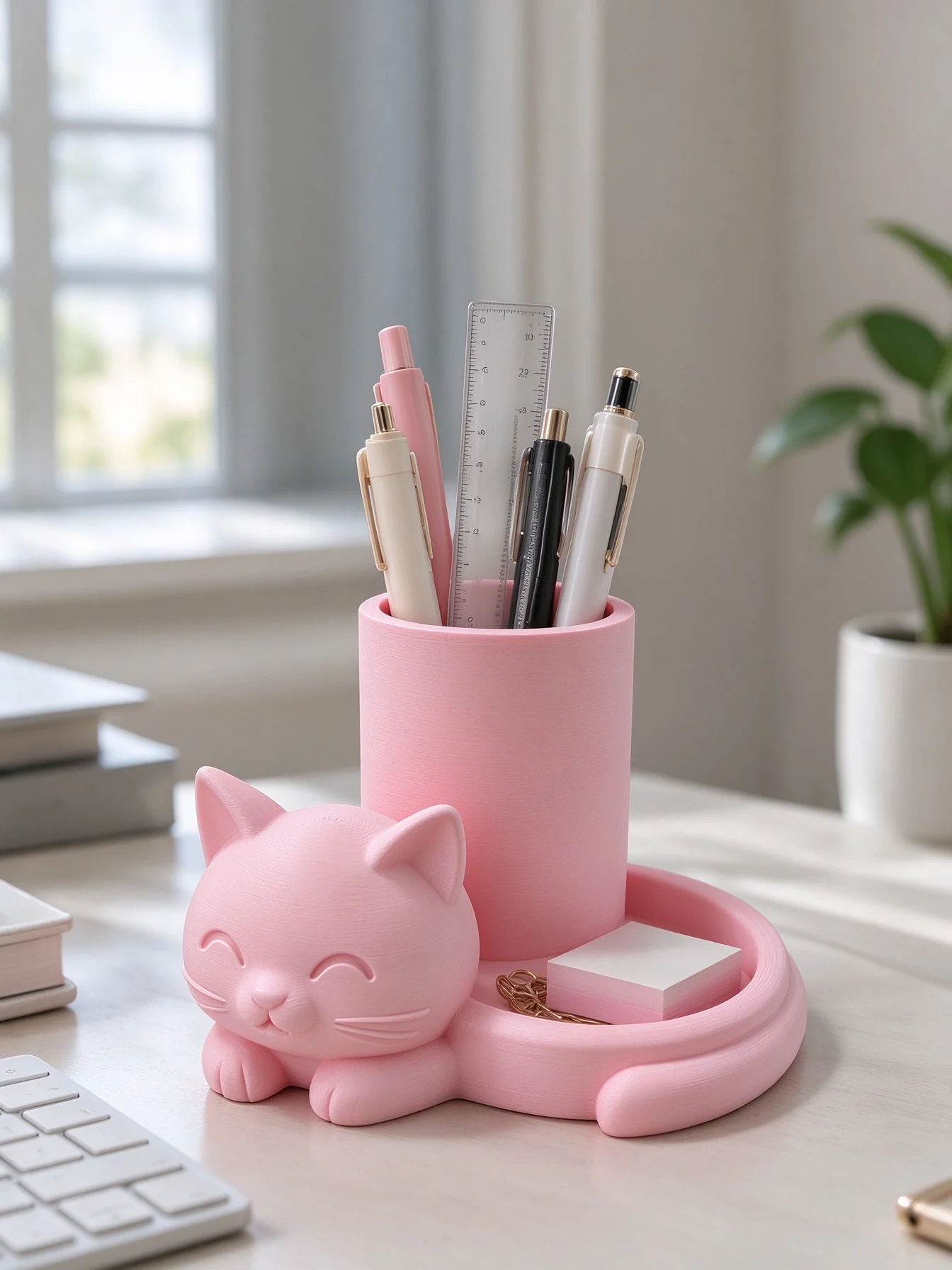 Kawaii Cartoon Cat Student Pen Holder, 3D Printed Matte Pink Cute Design, Two-In-One Pen Holder with Storage Tray Design, Can Hold Pencils, Erasers, Rulers, Paper Clips, Stationery. the Tray Can Also Hold Jewelry, Hair Clips, and Small Items. Say Goodbye to a Cluttered Desk and Keep It Tidy. Suitable for Dormitories, Classrooms, and Desks. Girly Desktop Decoration. Student Back-To-School Stationery Organizer. Creative Small Gifts for Classmates and Girls