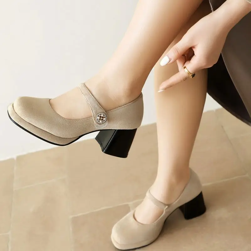 

SIMLOVEYO Female Pumps 32 33 Round Toe Chunky Heels 5.5cm Platform Flock Buckle Strap Big Size 41 42 40 43 Mary Janes Shoes