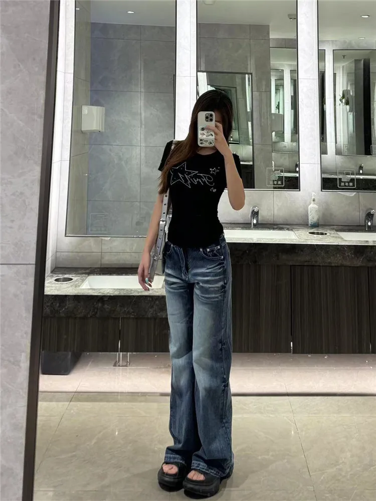 

Retro American Blue Faded Denim Jeans Women's Low Waist Flared Trousers Spring Autumn Long Size High Heels Sexy Floor-Length