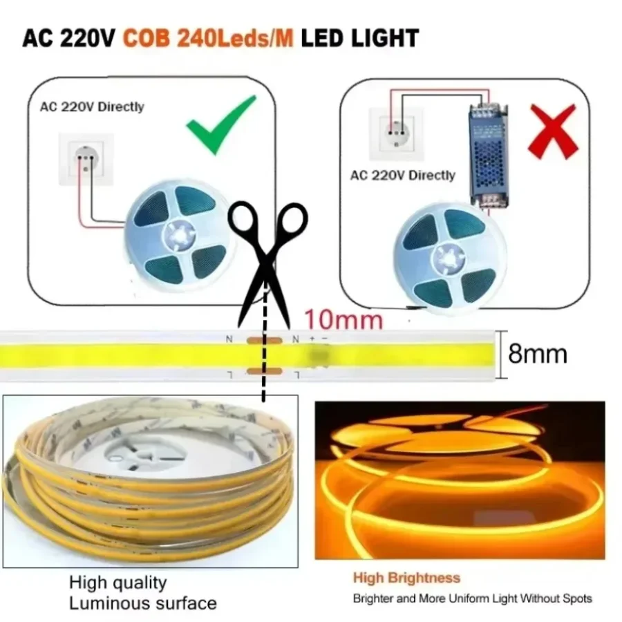 10~0.5M/Roll 220V COB LED Strip Flexible Tape Light Smart IC No Need Driver High Bright 240LEDs/m Linear Lighting Warm Ice Blue