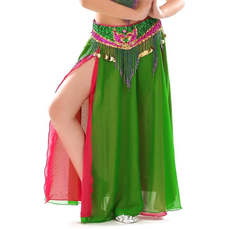 customized Children's Double Split Chiffon Color Skirt Belly Dance Costumes High end Skirt Girls' Dance Split Open Leg Skirt