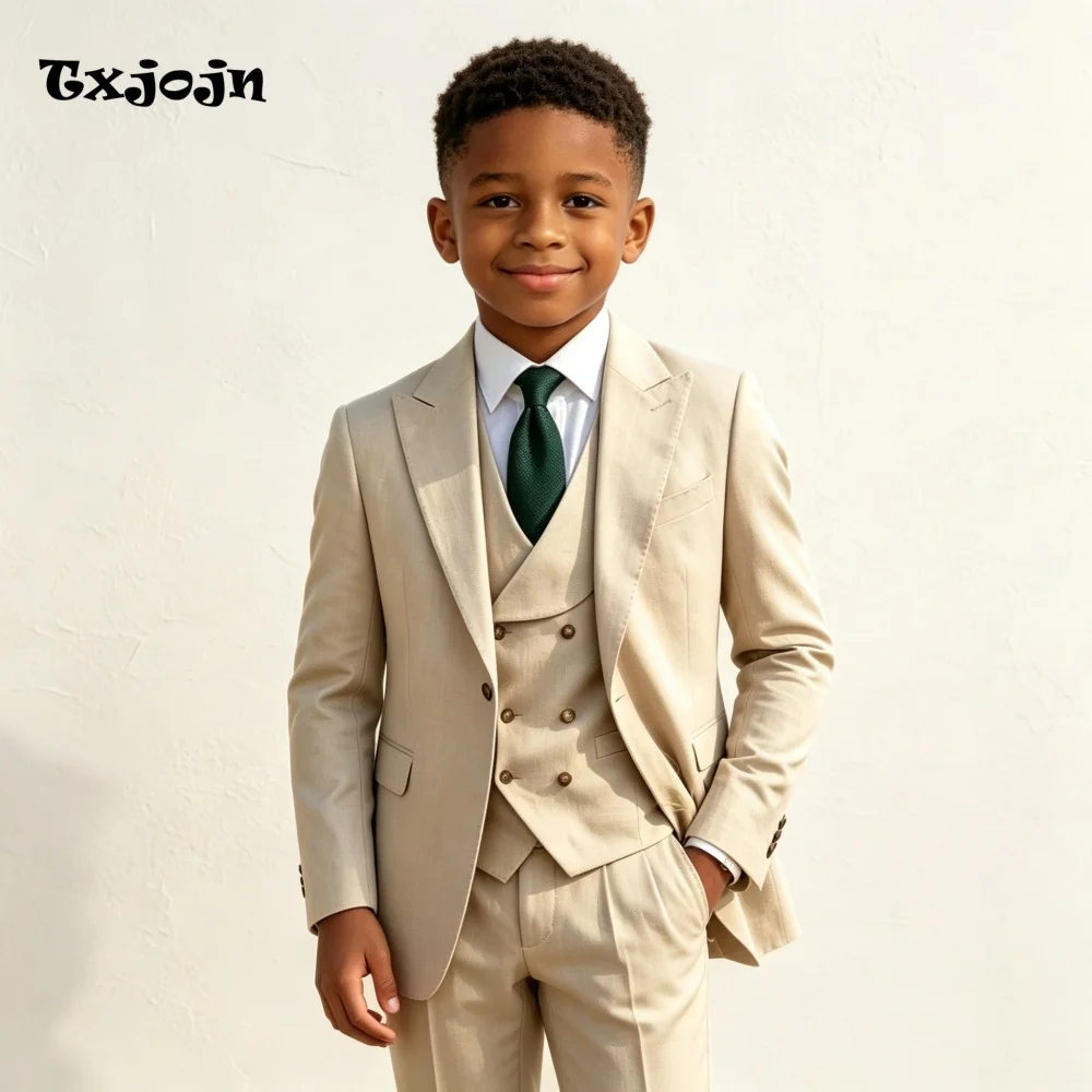 Casual Beige Boys Suit Jacket Pants Vest 3 Piece Set Formal Blazer for Kids Wedding Tuxedo Suits 2-16 Years Custom Clothes