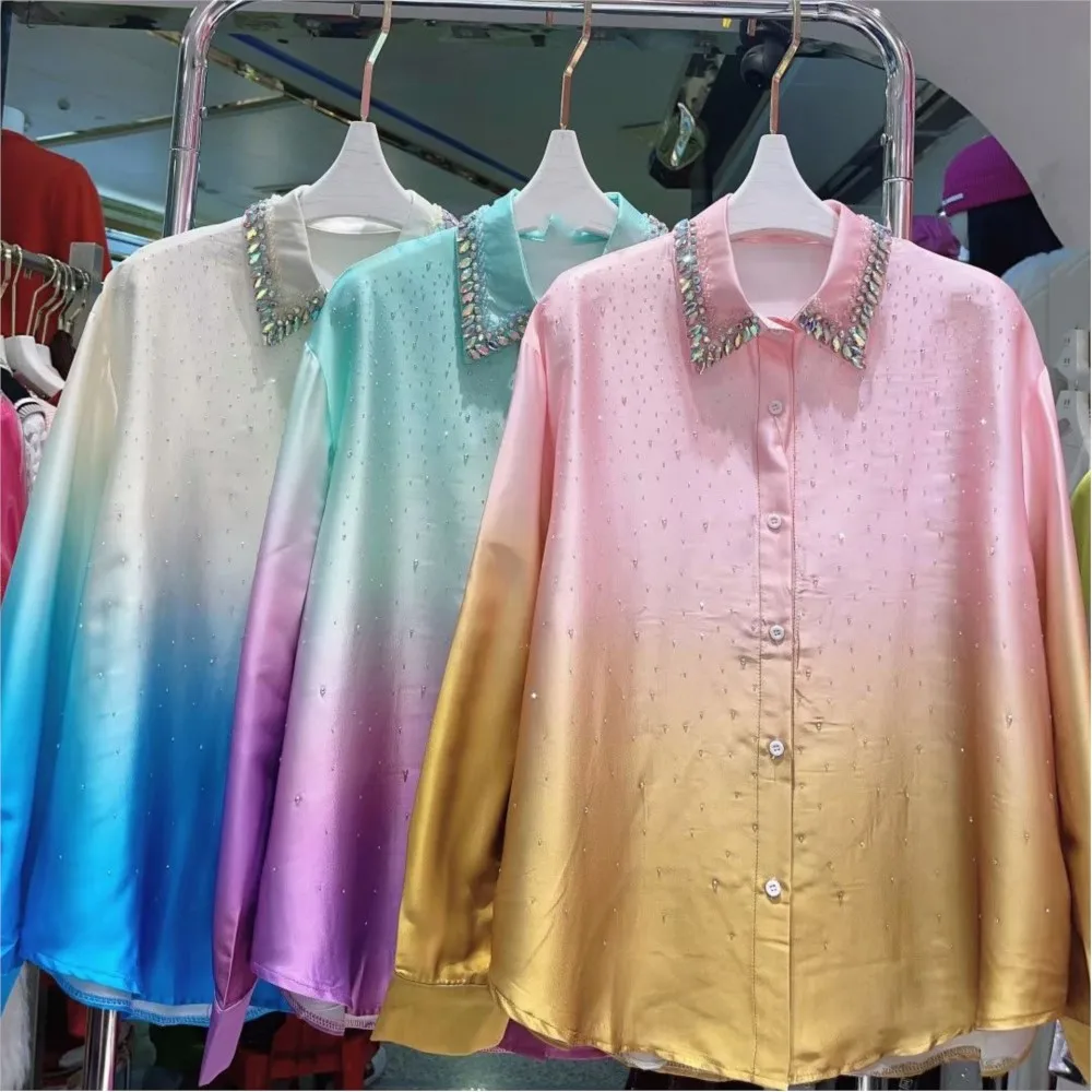 

Spring New Diamond Silk Glazed Shirt for Women bead blouse lady