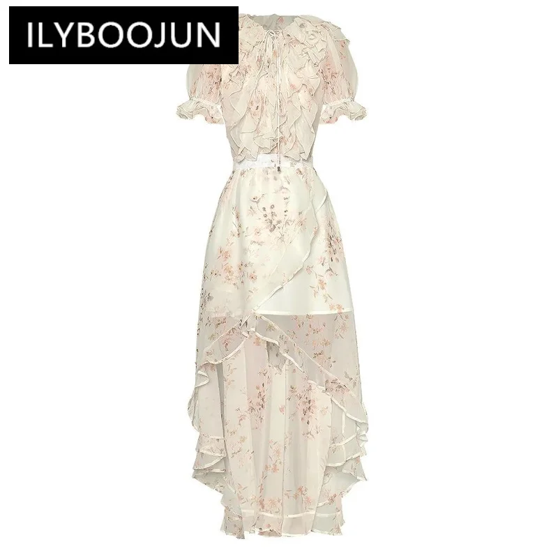 

ILYBOOJUN Fashion Designer Summer Women's Dress Elegant Bohemian Floral Print Lace Up Cascading Ruffle Lrregular Chiffon Dresses