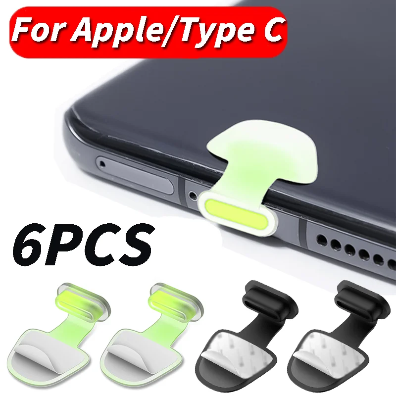 6 Chiếc Dạ Quang Chống Mất Bụi Cắm Phù Hợp Với Cho IPhone 14 13 12 IOS Bảo Vệ Cổng Sạc Loại-C Dẻo Silicone Dustplugs Bao