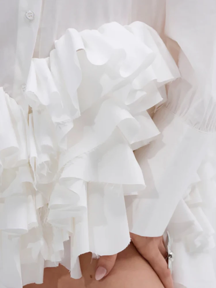 DEAT موضة الأبيض الجبهة قصيرة الظهر قميص طويل المرأة التلبيب غير المتماثلة تكدرت هيم بلوزة الخريف جديد 7A1516