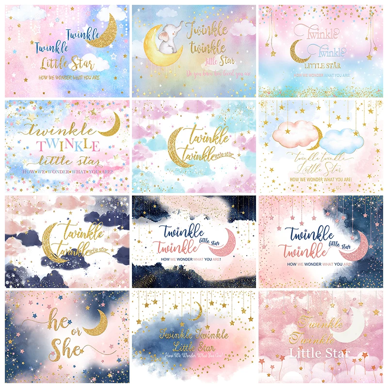 Twinkle Twinkle Little Star Baby Shower Backdrop Pink Cloud Gold Star Moon Photography Background Studio Photo Shoot Photocall