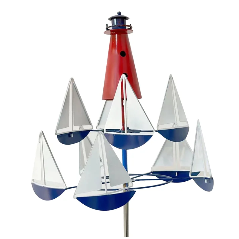 

Kinetic Art Wind Sculpture, Lighthouse Sailboat Windmills, Nautical Wind Sculpture Metal Decor for Yard, Wind Spinner