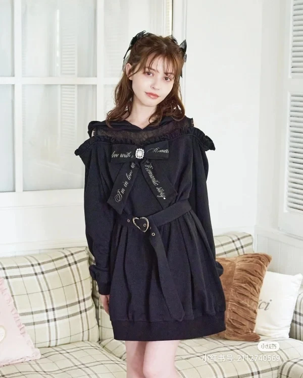 Sweet Girl Sweatshirt Dress Japanese Liz Autumn New Hooded Lace Patchwork Long Sleeve Letter Embroidered Bow Loose Hoodie Dress