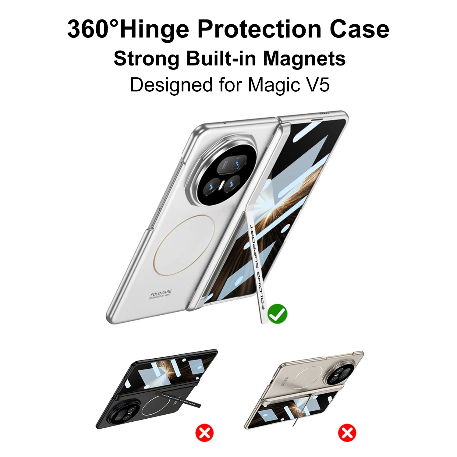 Magnetyczne etui z zawiasem i uchwytem na Honor Magic V5, pełne pokrycie ekranu, plastikowa matowa obudowa na Honor Magic V5. — zdjęcie produktu 5