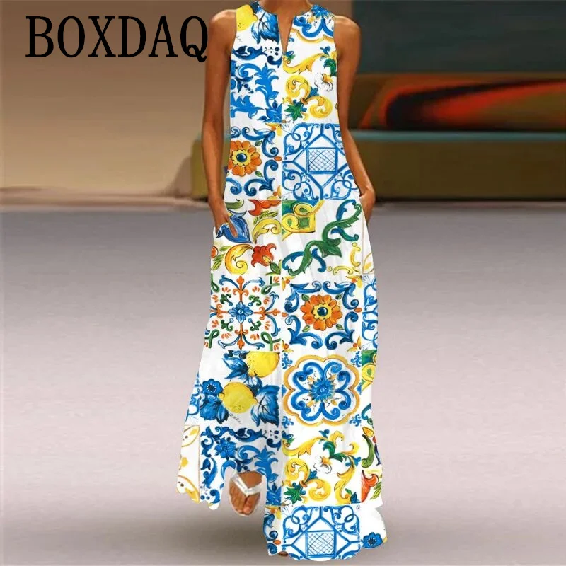 Power Flower długie sukienki damskie letnia seksowna bez rękawów, dekolt w serek, luźna sukienka moda 3D drukuj na co dzień kieszenie Maxi sukienka Sundress — zdjęcie 3