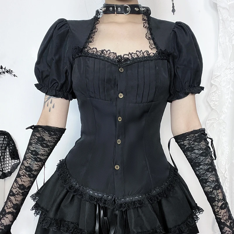 Goth Lace Mesh Short Sleeves T-Shirts Y2K Vintage Aesthetic Sexy See Through Black Lace-up Corset Crop Tops Women Summer Tees