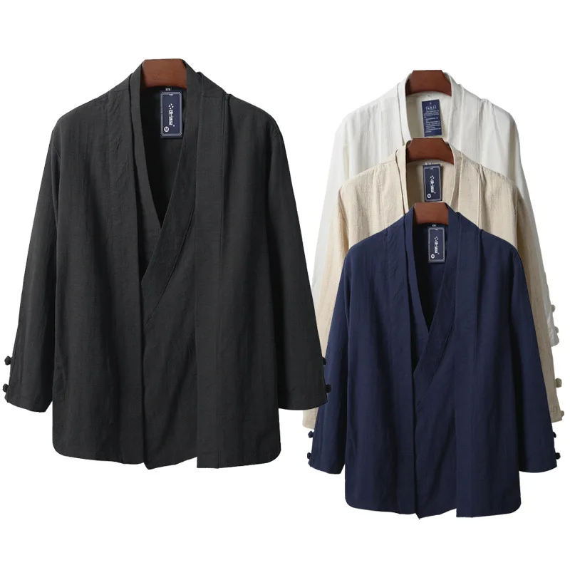 New Chinese Style Men's Cotton and Linen Men's Fake Two-piece Hanfu Jacket Japanese Casual Jacket for Men