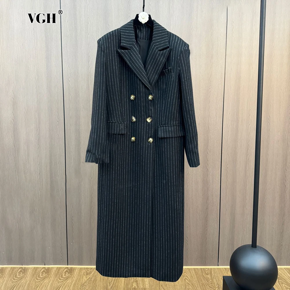 VGH Formal Striped Design Women Blazers Notched Collar Long Sleeve Patchwork Double Breasted Office Temperament Coats Female New