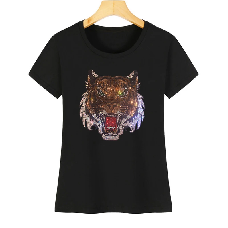 

Fashionable and shiny tiger-head Rhinestone with women's summer short-sleeved ice silk cotton casual T-shirt
