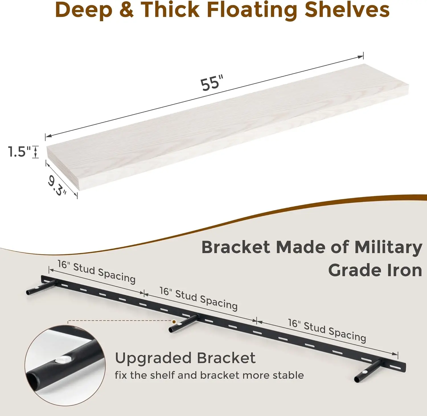 

55 Inch Brich Floating Shelves, 9.3 Inch Deep Wall Mounted Floating Shelf, 55 X 9.3 Large Storage Wall Shelf For Living Room,