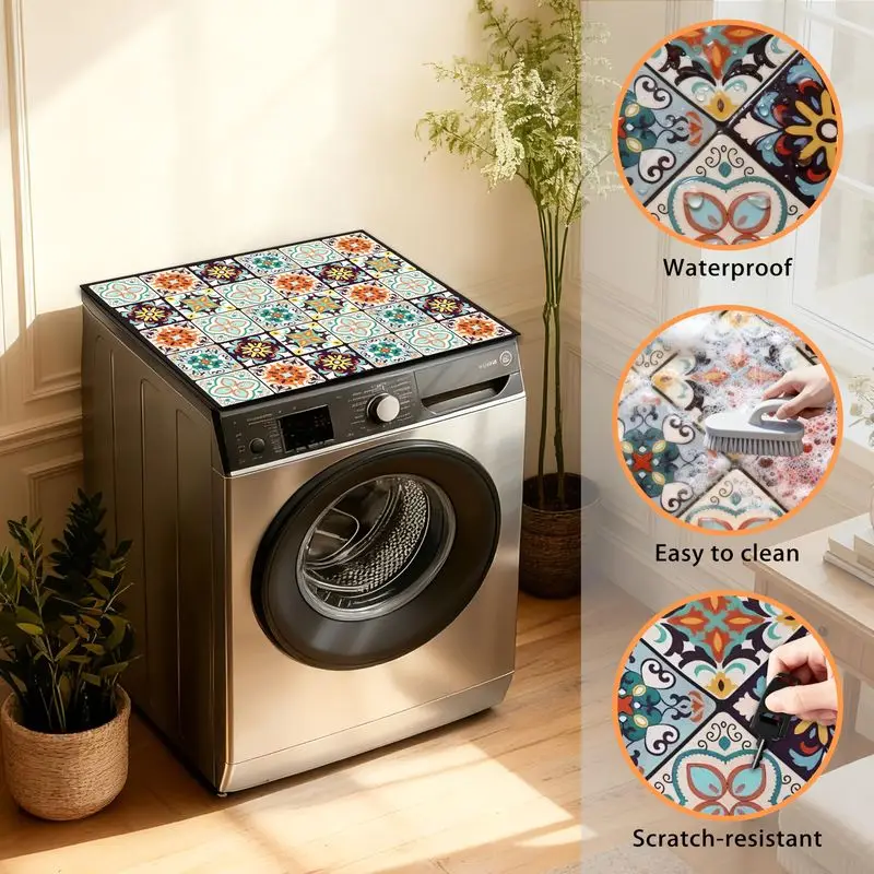 VIKAMA Vintage Floral Tile Washing Machine Top Mat Non Slip Water Absorbent Dust Protector Pad Balcony Laundry Room Home Decor