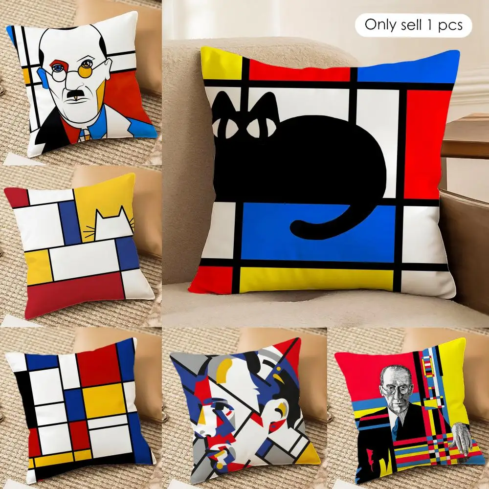 Abstract Painting Piet Mondrian Art Cushion Cover Silky Short Plush Invisible Zipper Dustproof Sofa Pillow Case For Home Decor