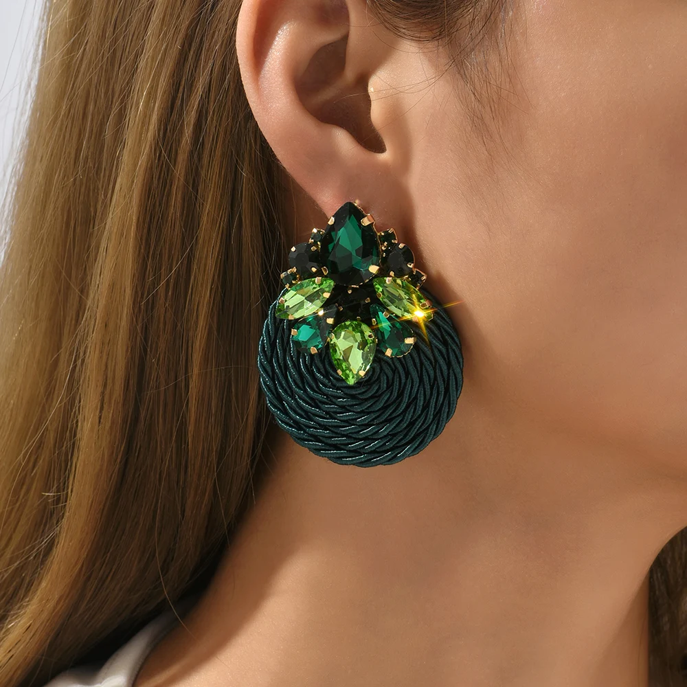 Fashion Cotton Rope Weave Round Luxury Big Stud Earrings Trend Geometric Crystal Vintage Ear Accessories Cottagecore Jewelry