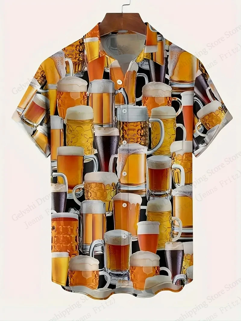 

Summer Beer Leaves Print Mens Hawaiian Shirts Men Women Fashion Short Sleeve Street Social Shirt Button-Up Lapel Beach Shirt New