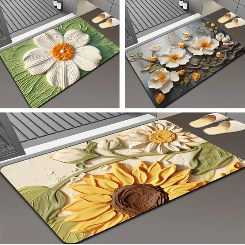 3D Flower Printed Bath Mat Super Absorbent Diatom Mud Bathroom Rug Non-slip Laundry Room Porch Entrance Carpet Home Indoor Decor