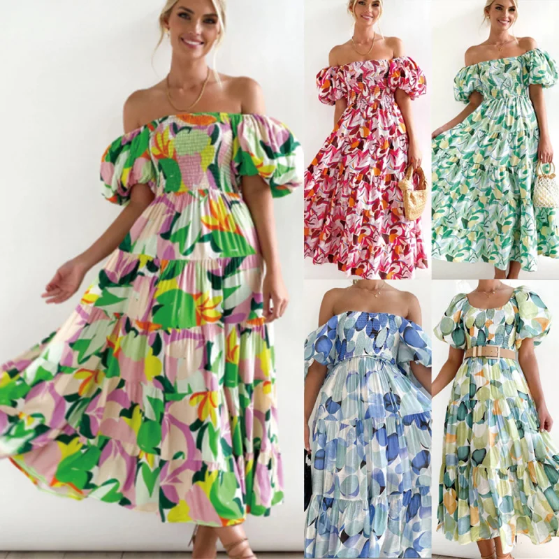 

2024 New-Border European and American Women's Clothing Bohemian Floral-Print off-Shoulder Vacation Style Loose Dress