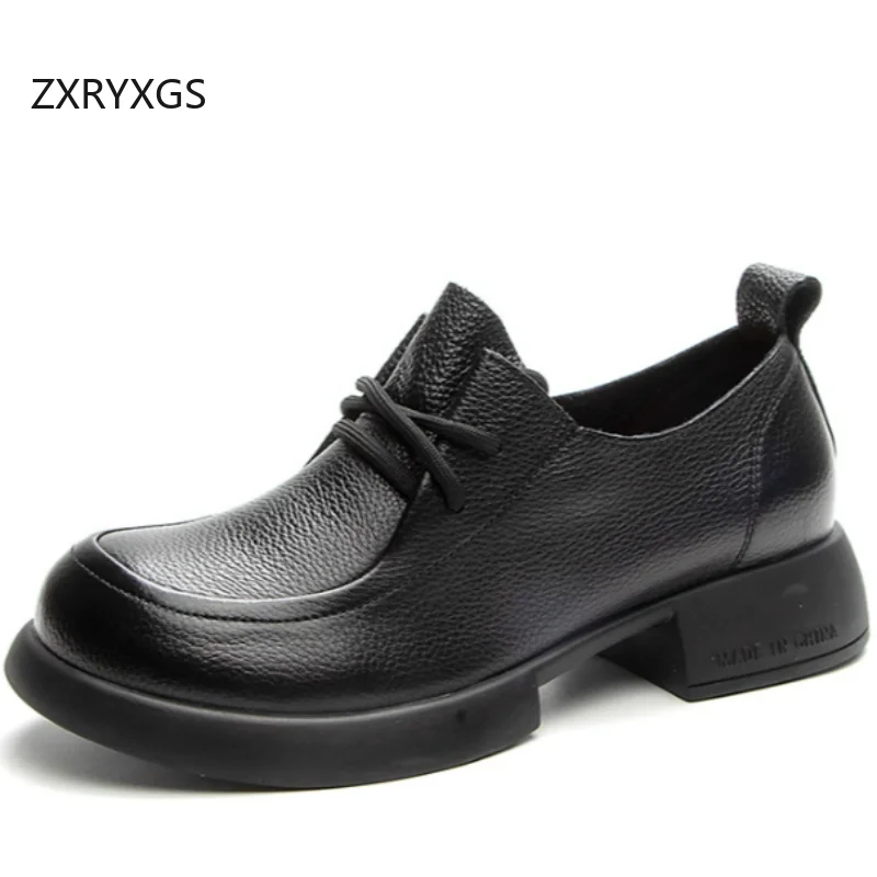 

ZXRYXGS 2026 New Premium Full Genuine Leather Shoes Comfortable Versatile Thick Low Heels Lace-up Deep Mouth Women Trend Shoes