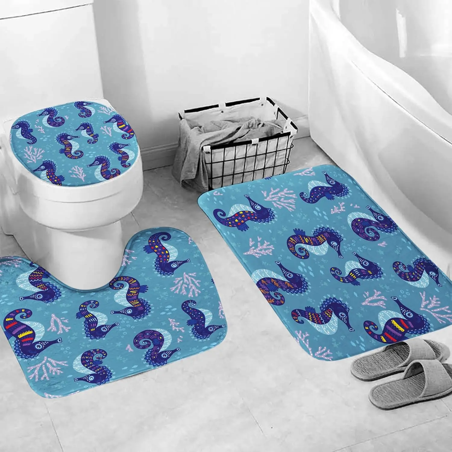 

3-х предметный яркий узор, подводный морской конек, коралловая рыба, набор ковров для ванной комнаты, водопоглощающий коврик из пены с эффектом памяти, коврик для ванной