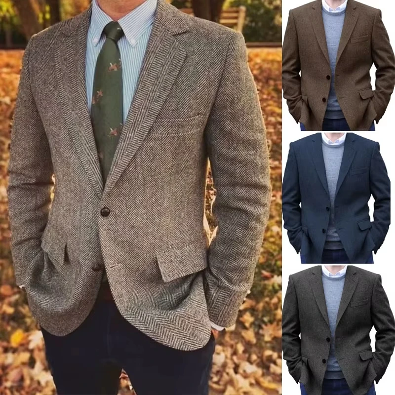 

Men's Herringbone Jacket Suits 1 Pieces Formal Lapel Notch Tweed Wool Tuxedos Blazer Slim Fit Winter Coat Wedding Groomsmen
