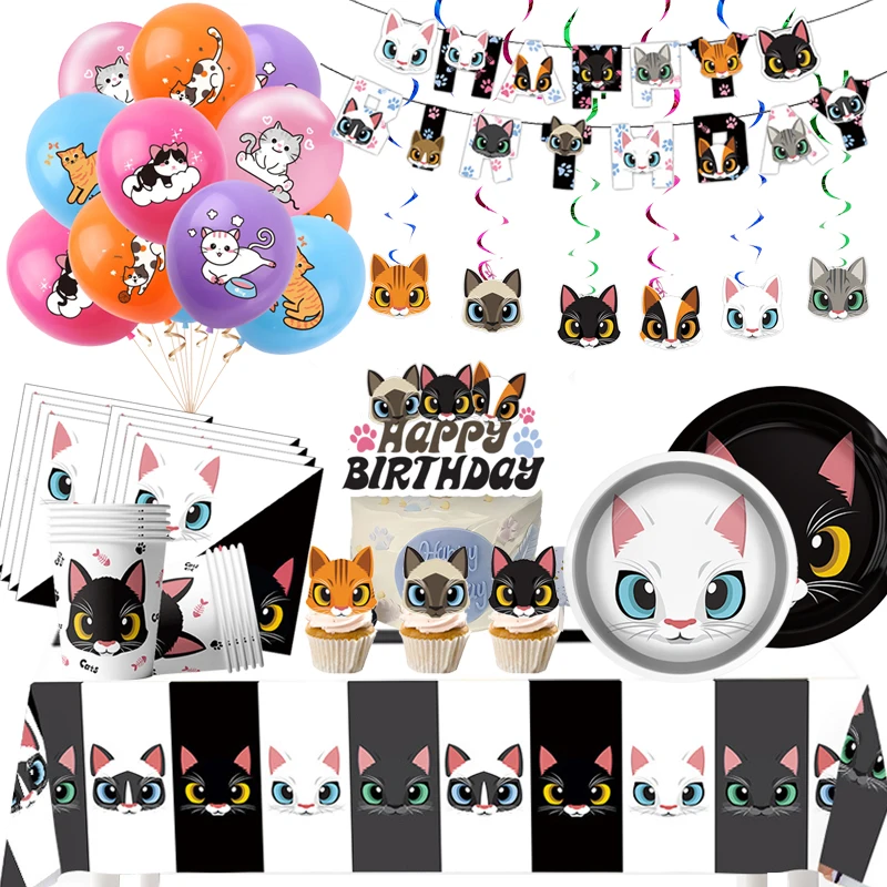 Cat Birthday Decoration Cartoon Party Favors Balloons Disposable Party Tableware Tablecloths Plates Cups Baby Shower Supplies