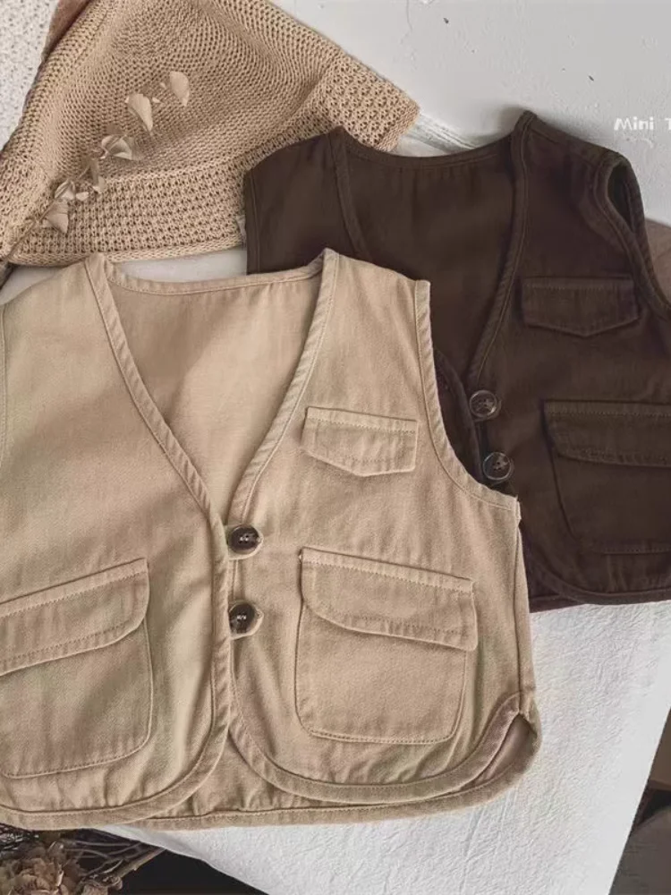 

Korean Sle Pure Cotton Workwear Sle Vest ex Baby Practical Retro Spring Autumn Children's Faion Set