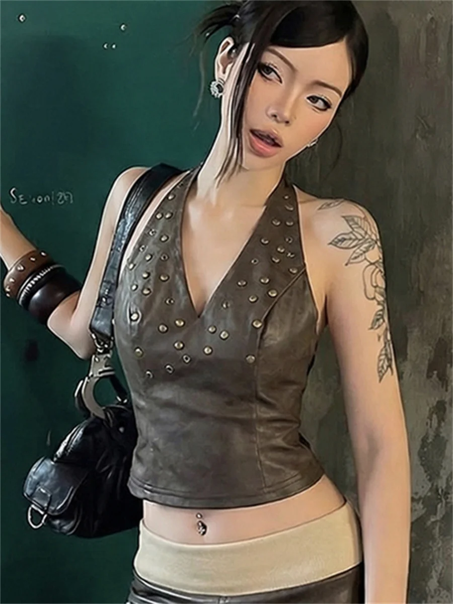Sisterlinda Halter Leather Tank Top Women Hottie Rivets Sexy V-Neck Backless Sleeveless New Trend Midnight Street Party Clubwear