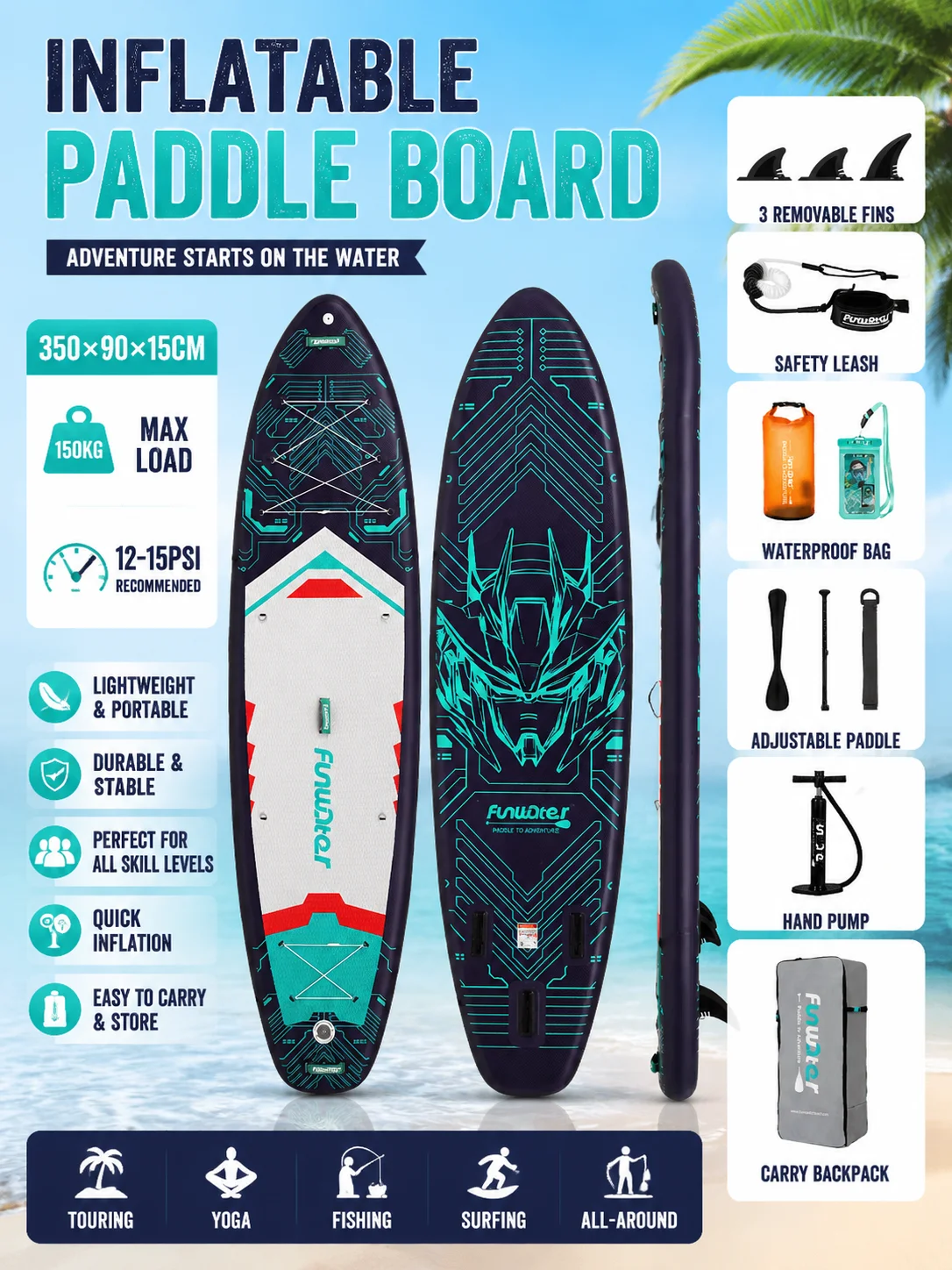Funwater 350x90x15cm aufblasbares Stand-Up-Paddleboard, Cruise Super Surfboard, rutschfestes Wassersportbrett, SUP inklusive Zubehör