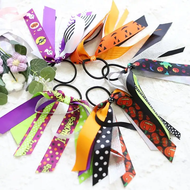 Halloween Hair Ties for Girls Pumpkin Long Ribbon Hair Scrunchies Hair Scrunchy Ties Ponytail Holders Elastic Hair Bands Hair