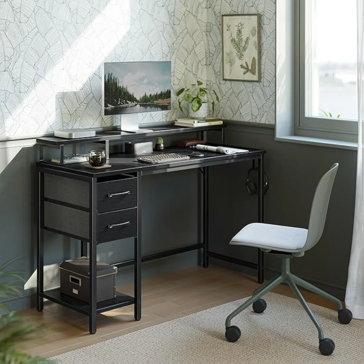 Computer Desk w/ Drawers, 47 In Reversible Office Desk w/Monitor Stand and Storage Shelves, Work Writing Study Desk Table, Black