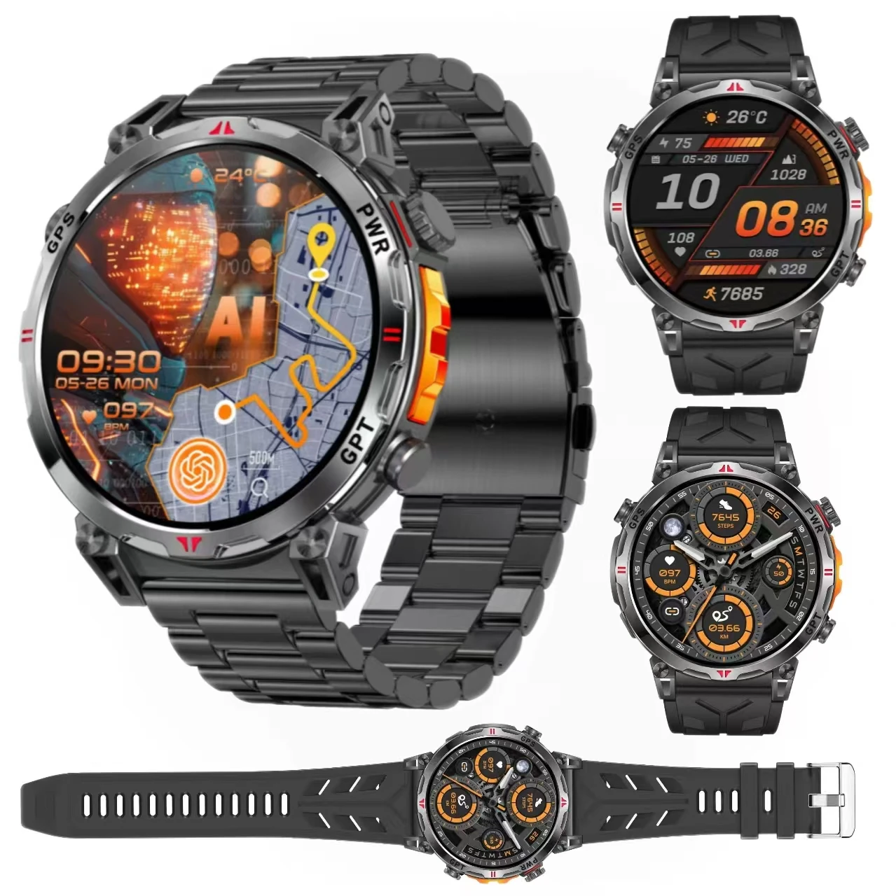 

Men's military smartwatch with 1.56-inch high-definition touchscreen and 650 mAh battery (supports Bluetooth call/ making call